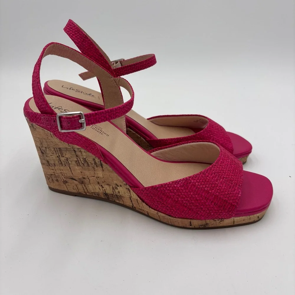 LifeStride Wedge Sandals Womens 8.5 Magenta Pink Woven Cork Heel Strappy